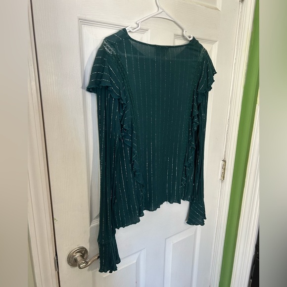 Cleobella Emerald Green Long Sleeve Metallic Striped Ruffle Blouse Size Medium - Picture 10 of 12